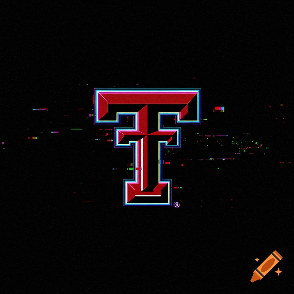 Red and blue Texas Tech logo with digital glitch effect on black background.