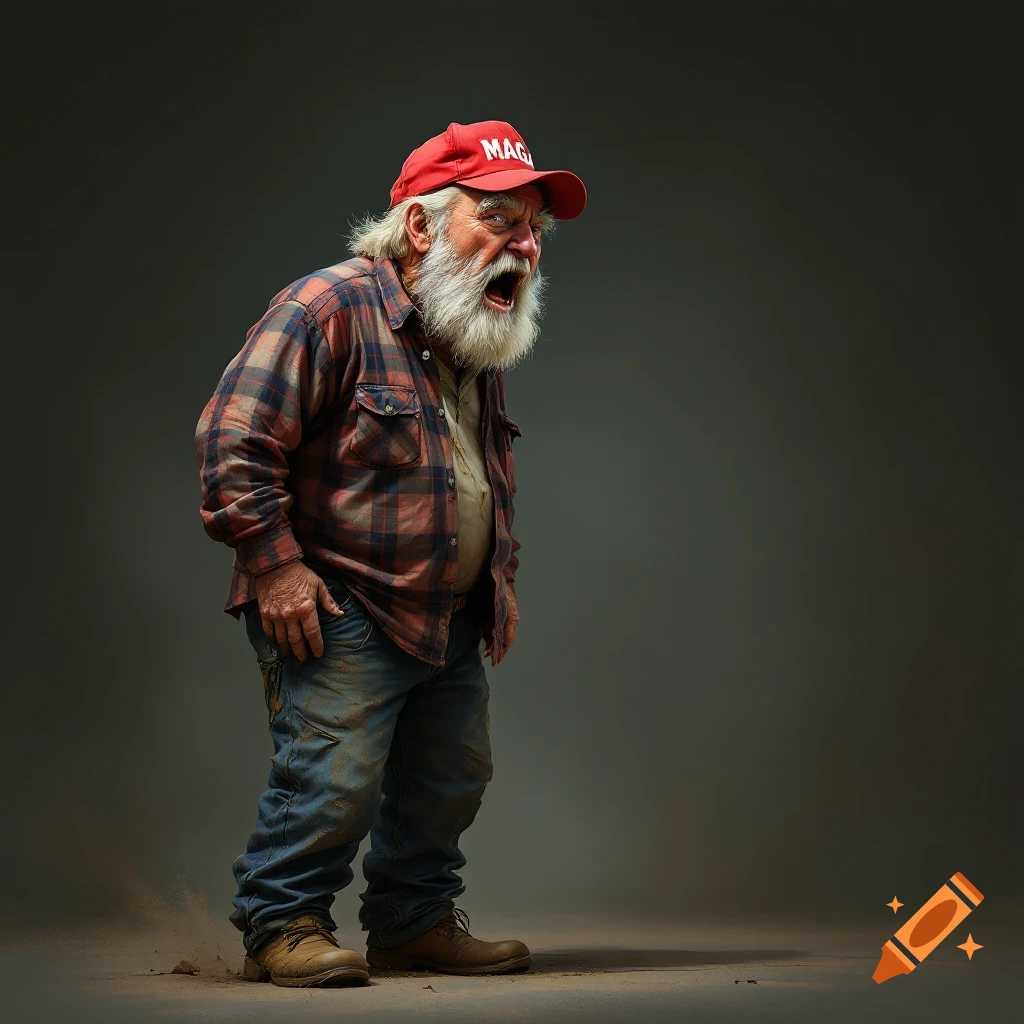 An old man with a beard, red MAGA cap, flannel shirt, and dirty jeans yelling.