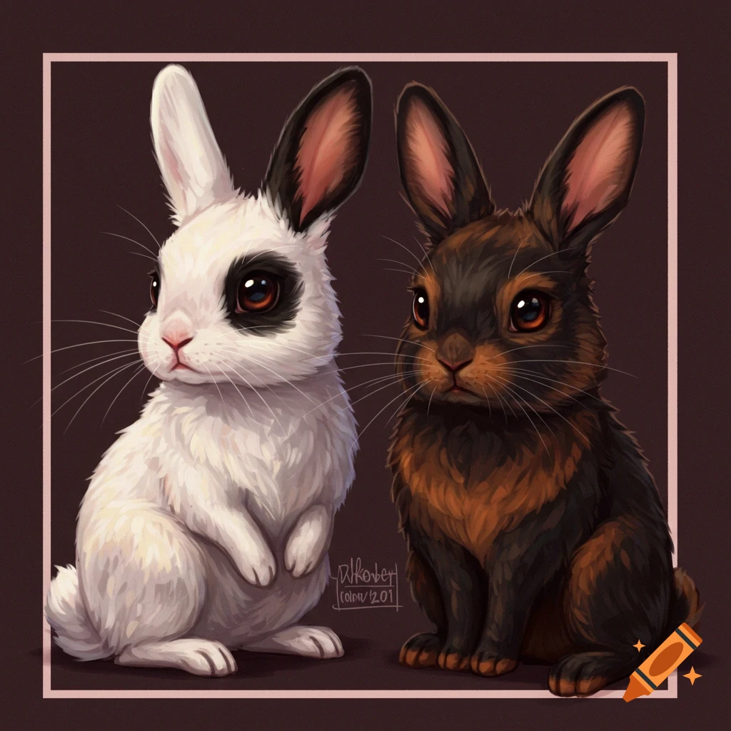 A white bunny with black patches sits next to a brown and black bunny.