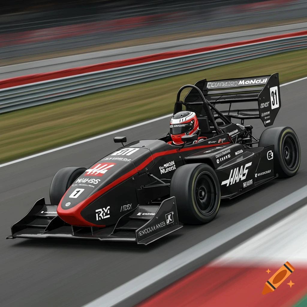 A black and red formula race car with a driver on a track.