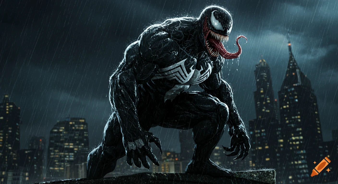 Venom kneels on a rooftop in the rain overlooking a city skyline at night, in a comic-style digital art.