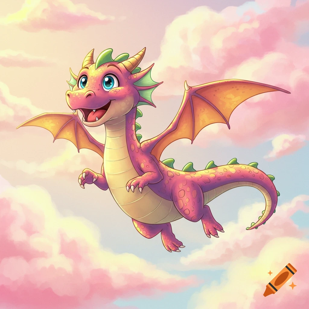 A happy cartoon dragon flying in a pink and blue sky with clouds.