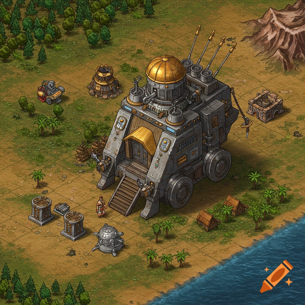 Pixel art of a large, wheeled building with a golden dome and antennas in a landscape.