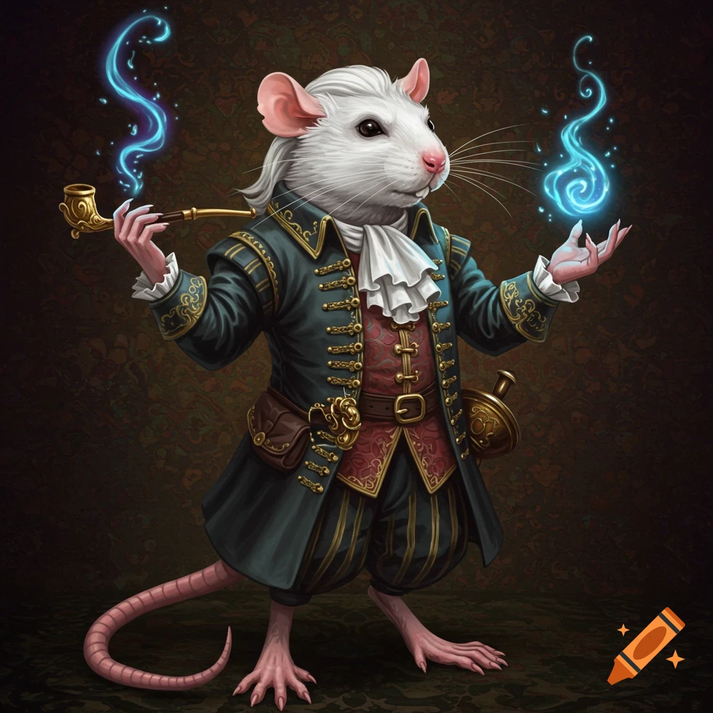 A white rat in fancy clothing is holding a pipe with magic smoke and casting a spell.