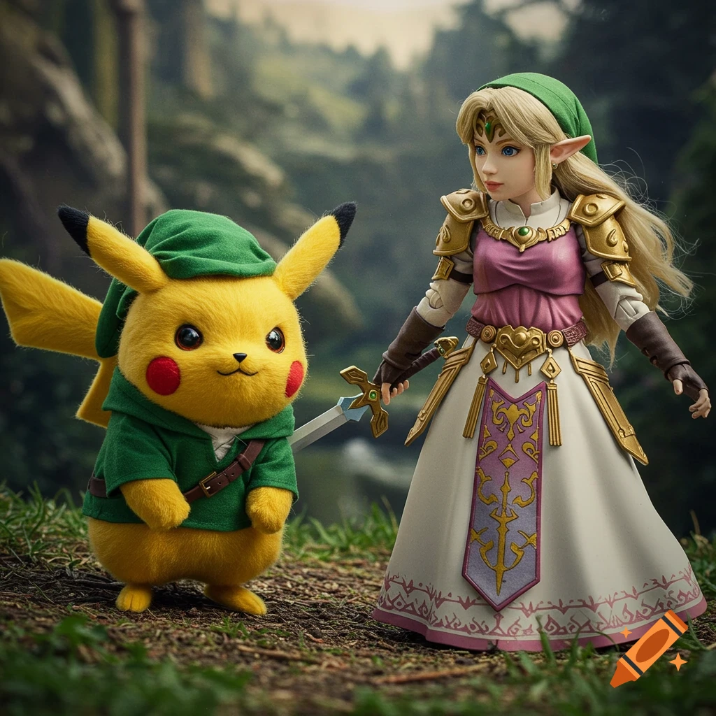 A Pikachu figure dressed as Link stands beside a Princess Zelda figure in a forest clearing.