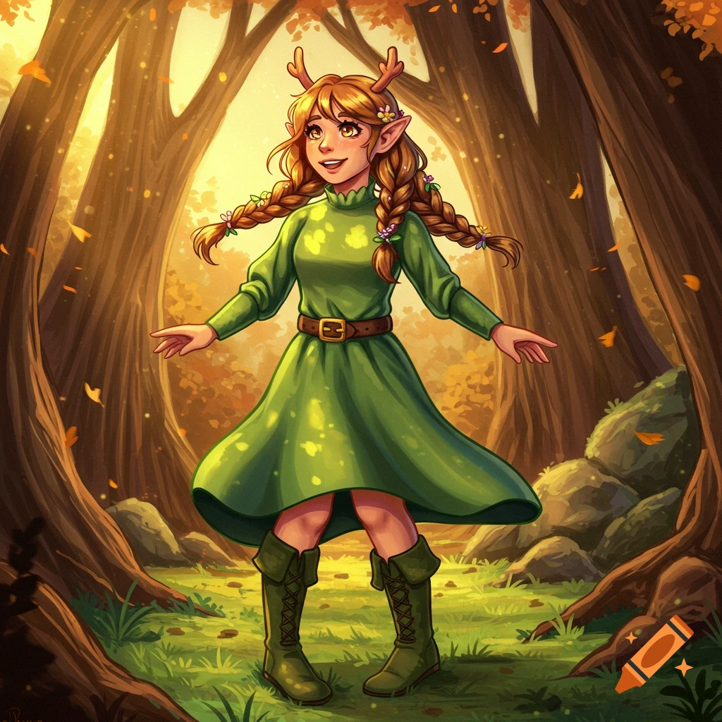A fantasy character with antlers, elf ears, and braided hair stands in a green dress in a forest.