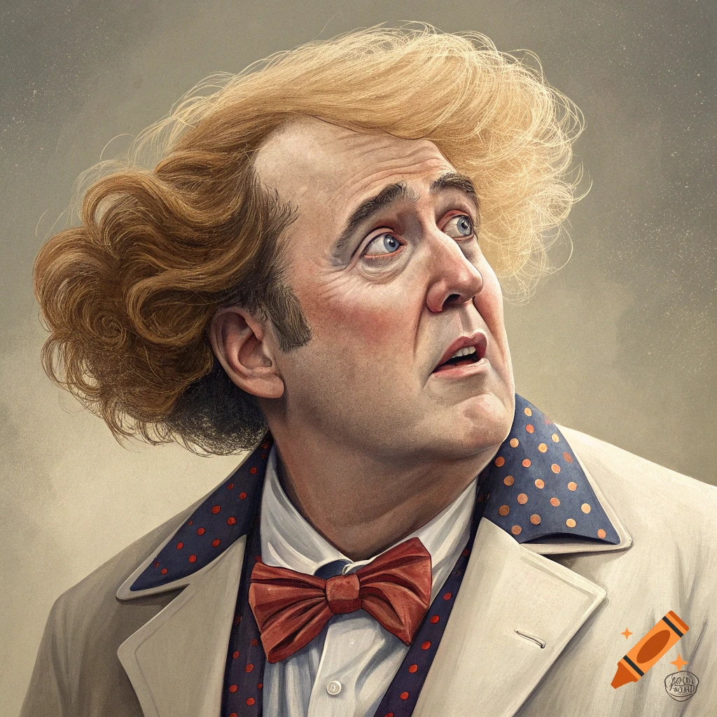 Illustration of a man with large blond hair, polka dot scarf, and red bow tie, looking upwards.