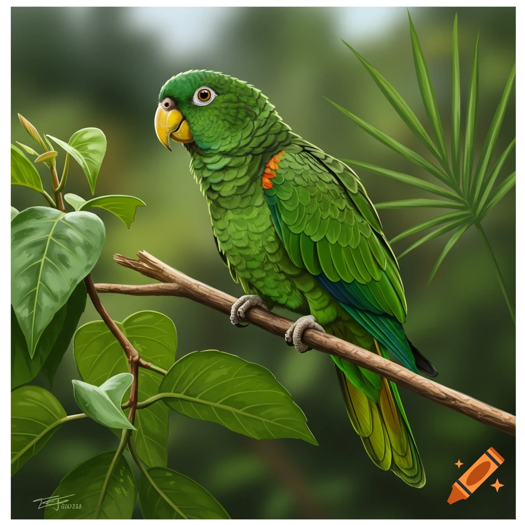 A green parrot perched on a branch in a lush, green jungle.