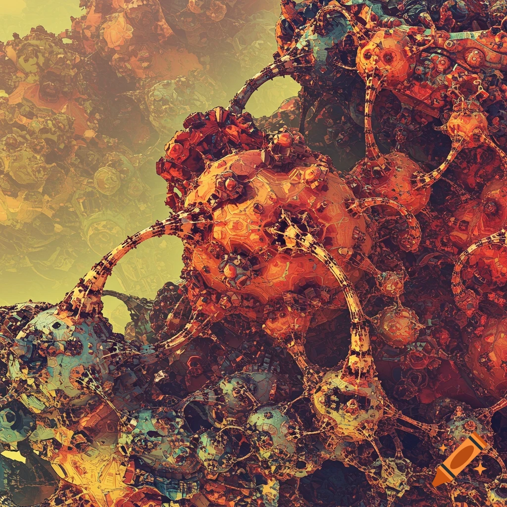 Intricate abstract digital art structure resembling interconnected organic or mechanical forms in warm orange and red tones.
