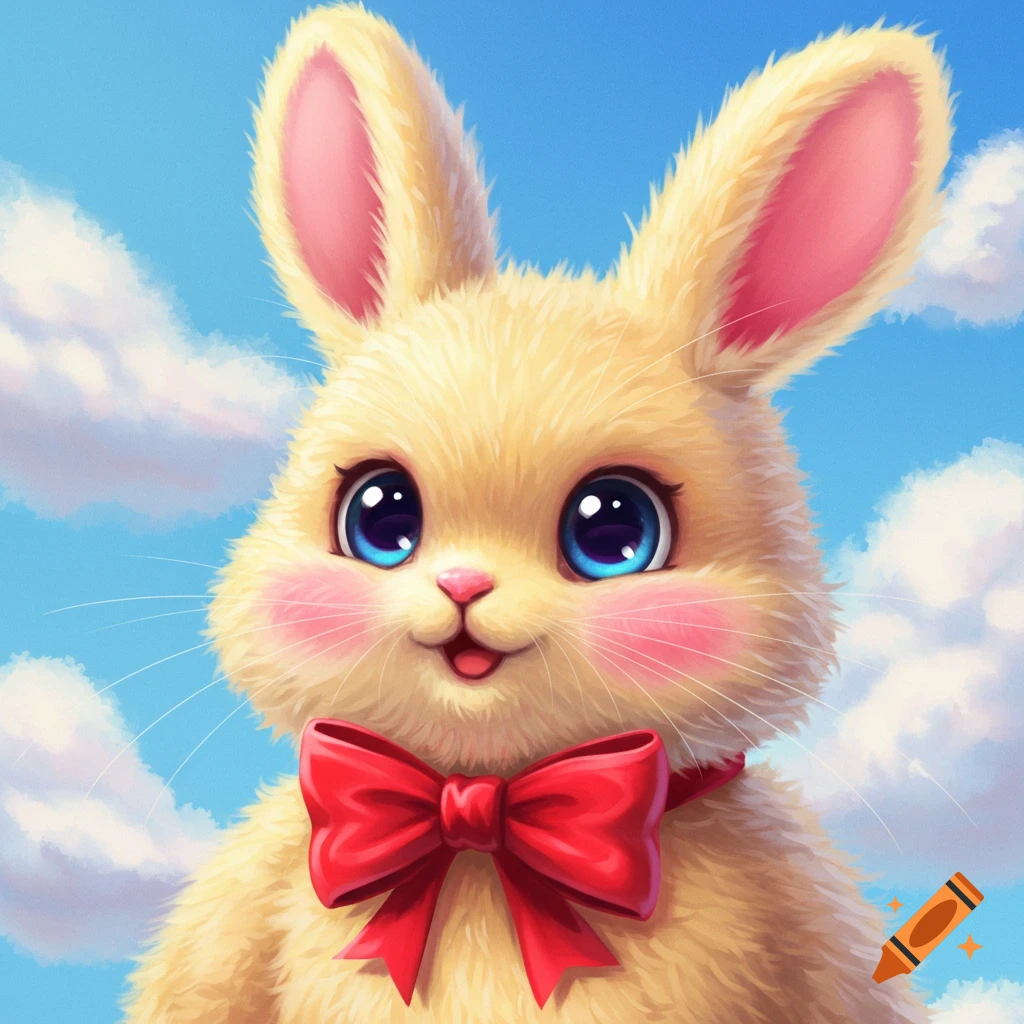 A cute cartoon rabbit with big blue eyes and a red bow tie under a blue sky.