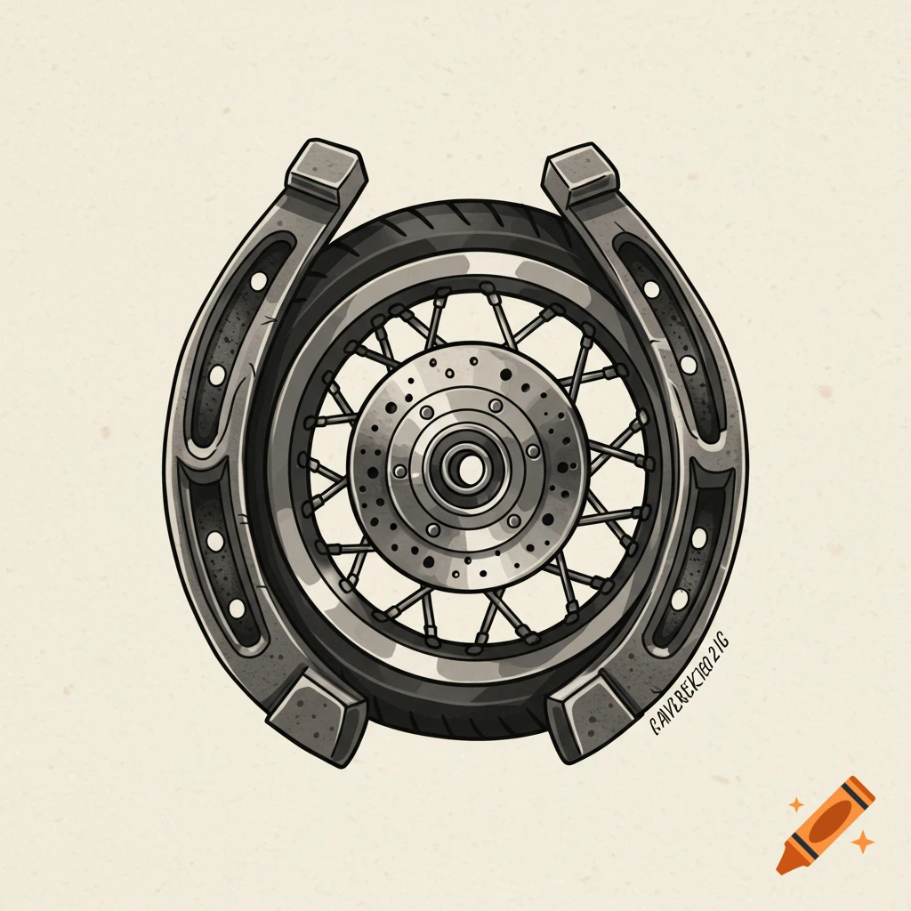 Tattoo design of a motorbike wheel inside a horseshoe.