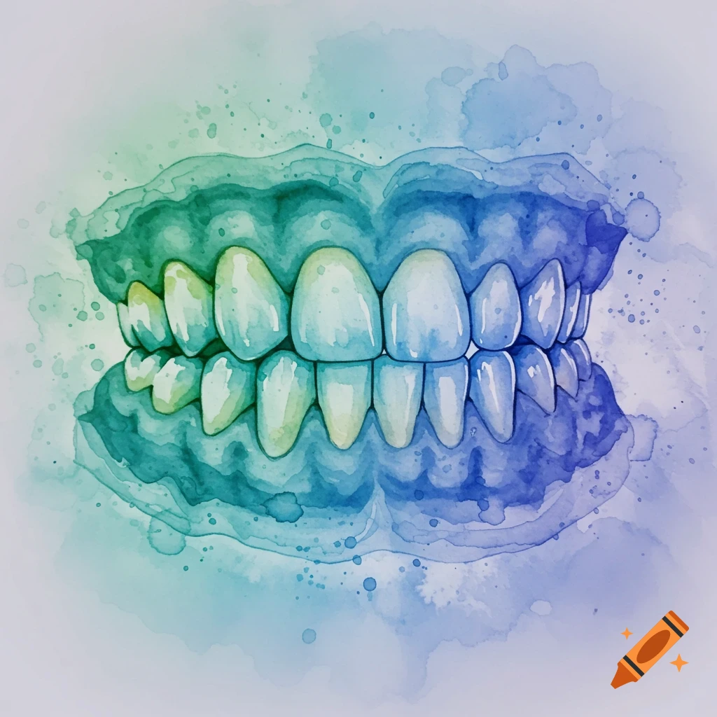 Watercolor illustration of upper and lower teeth in blue and green tones.