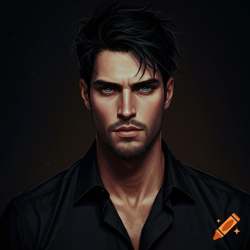 Painting of a man with dark hair and beard wearing a black shirt.