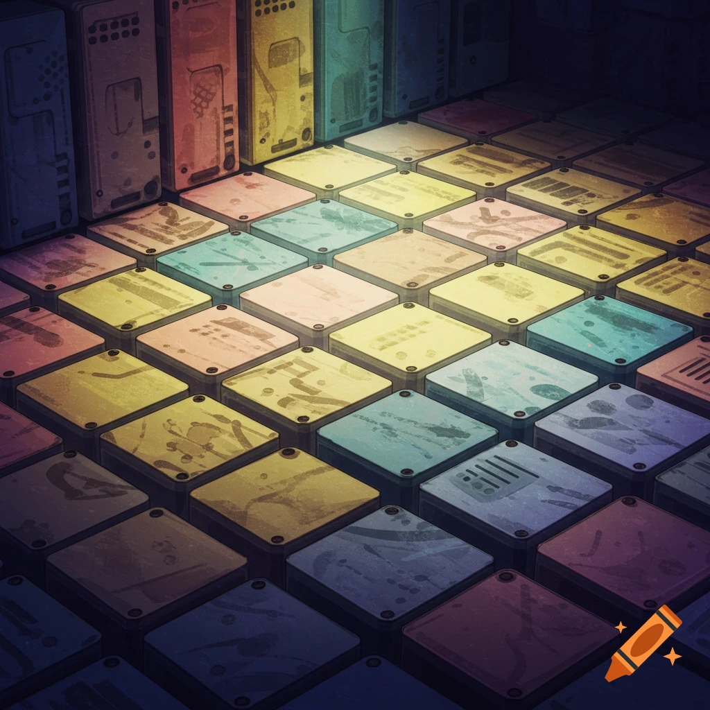 A grid of colorful, textured square cases in a dark room.
