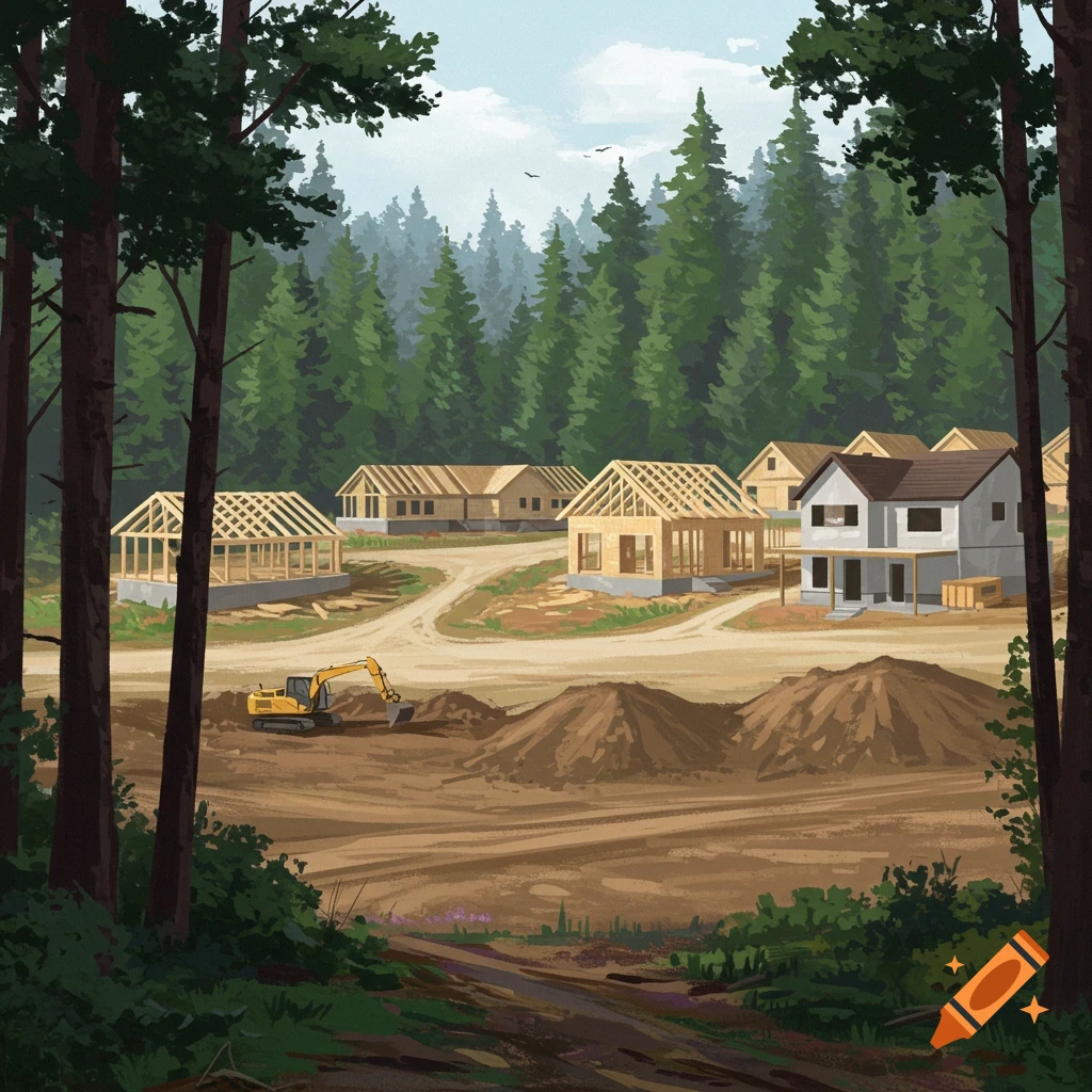 A construction site in a forest clearing with houses being framed and an excavator.
