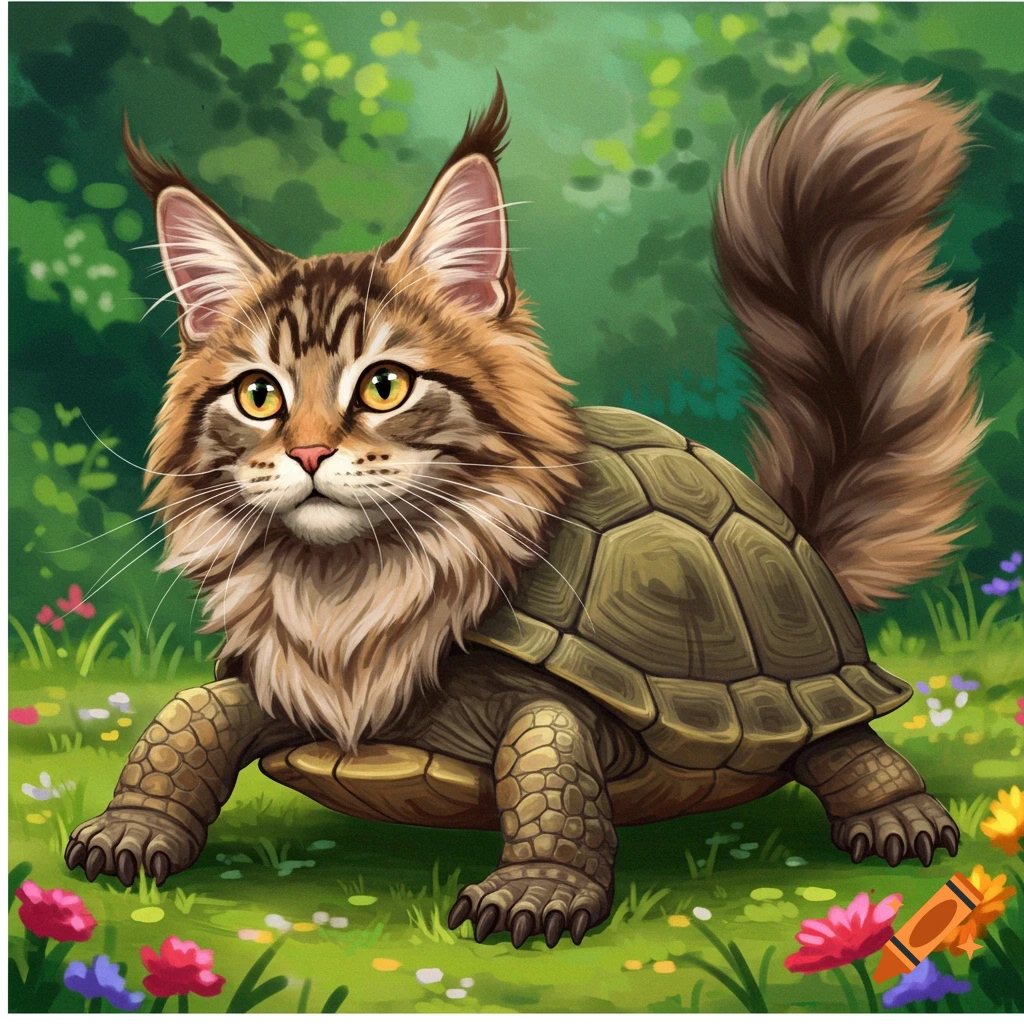 A Maine Coon cat head and tail on a turtle body walking through a grassy field with flowers.