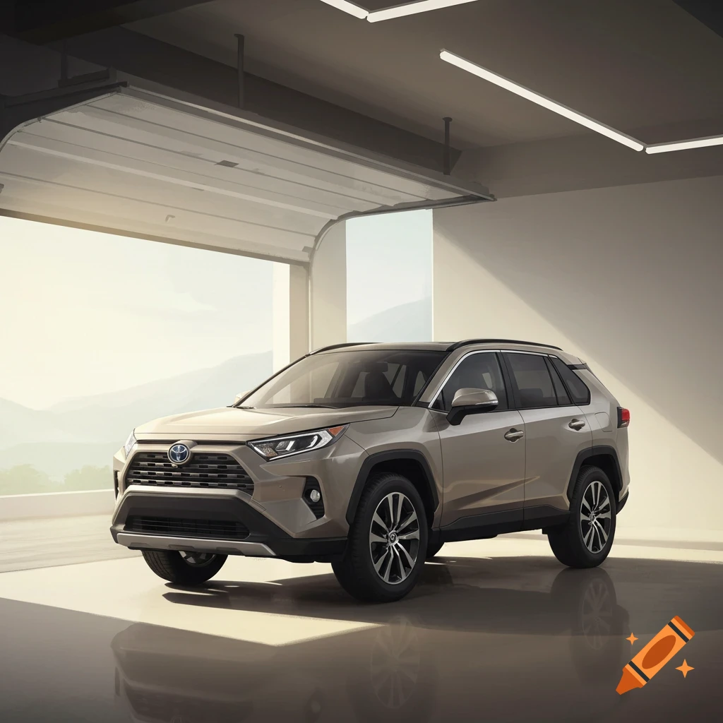 A beige Toyota RAV4 is parked in a garage.