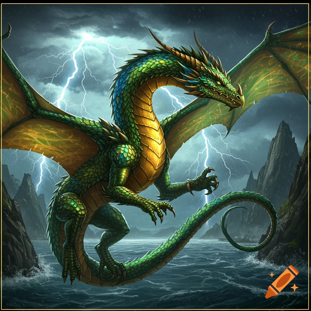 A green and gold dragon flying over a stormy sea with lightning.