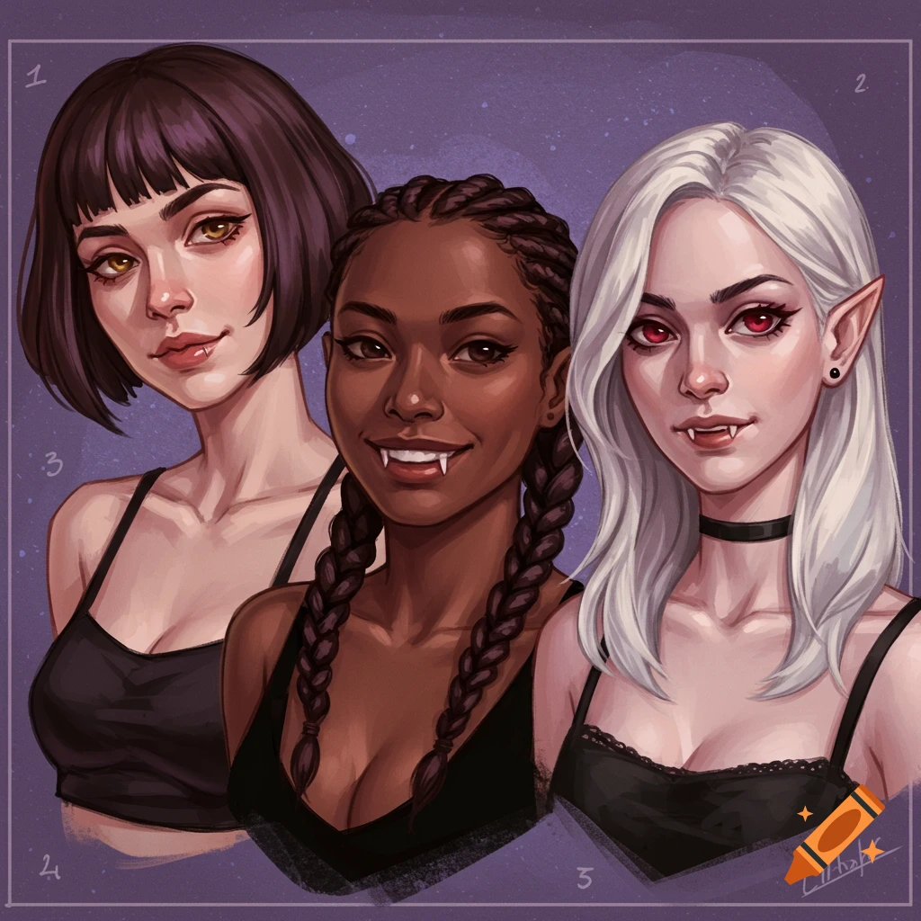 Illustration of three diverse women with fangs and vampire characteristics, wearing black tops.