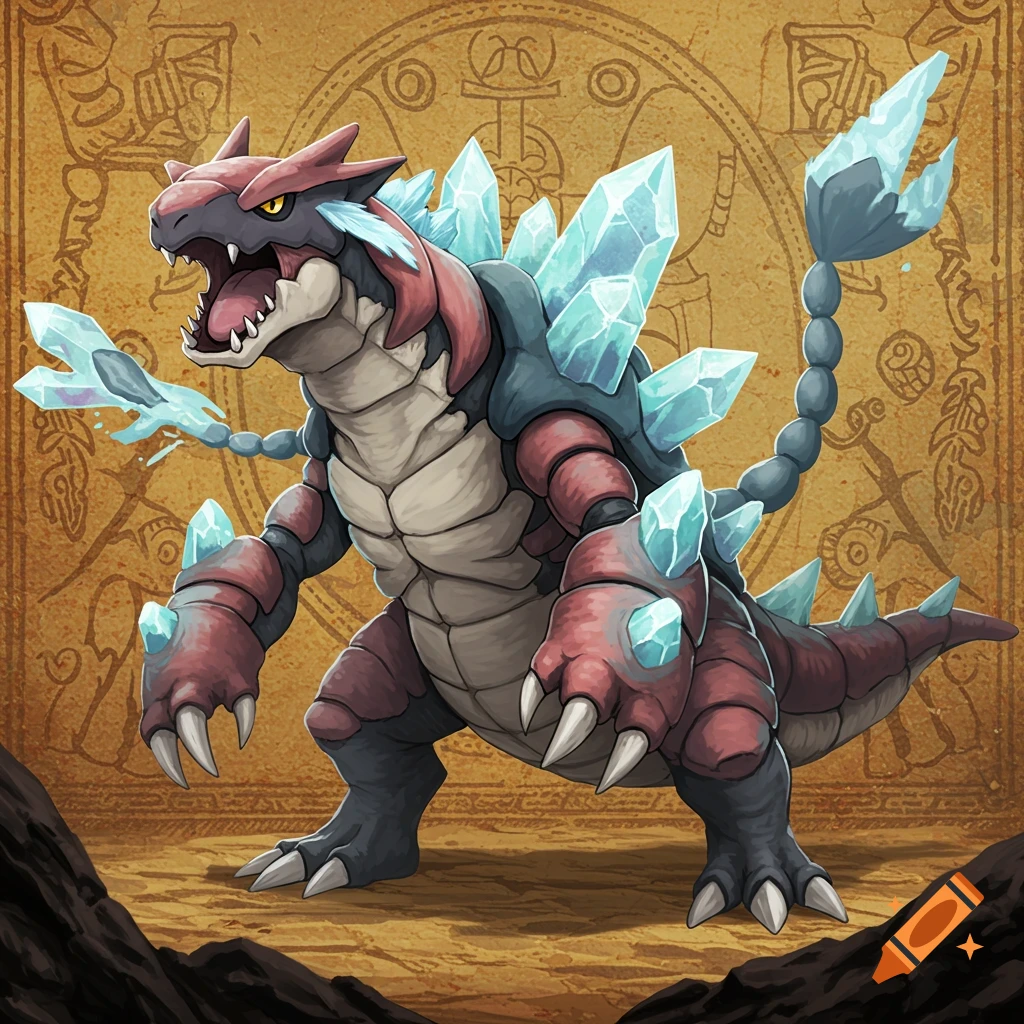 A large, rocky creature with red and grey armor and ice crystals stands on sand against an ancient patterned background.