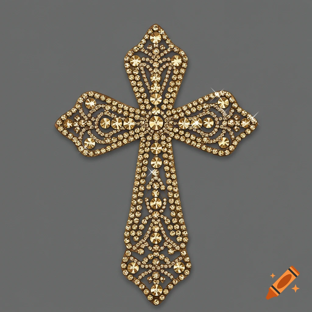 A gold cross covered in sparkling rhinestones