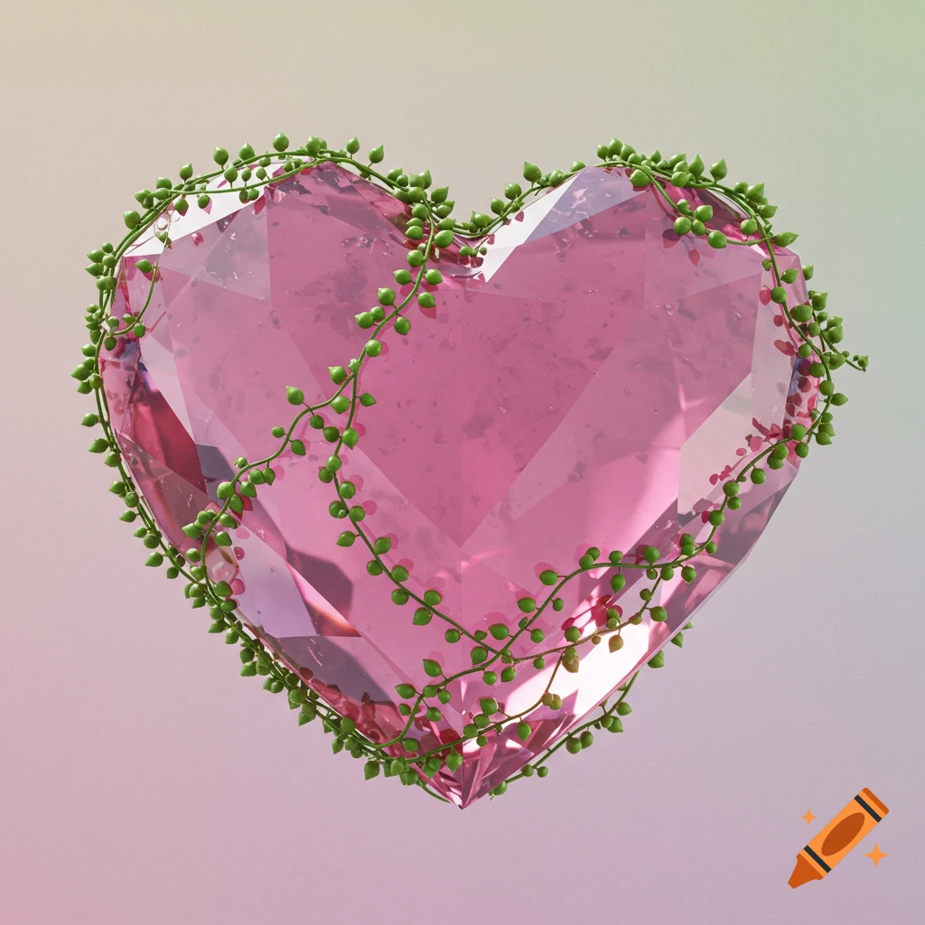 A faceted pink crystal heart wrapped in green vines.