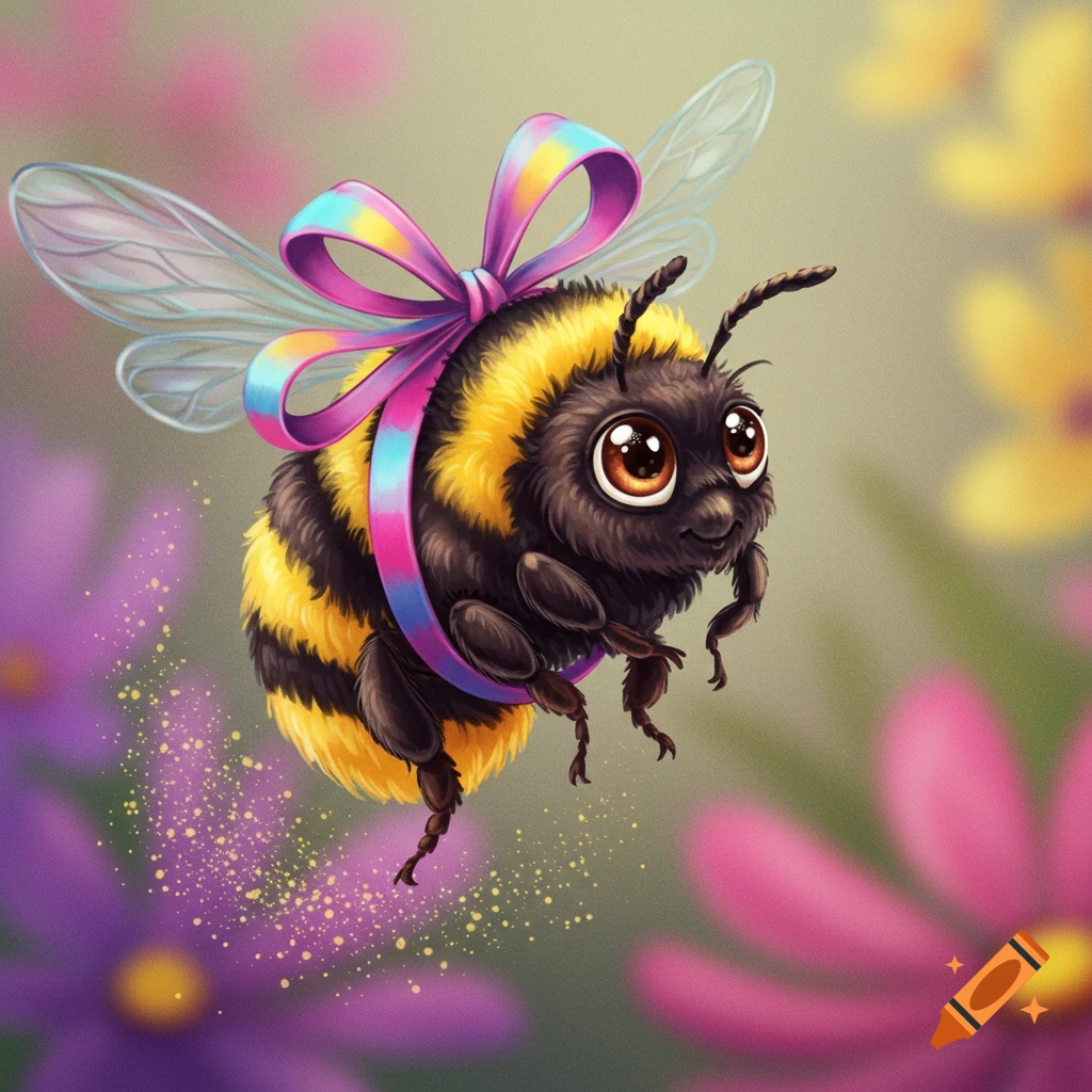A cute bumblebee with large eyes flies, wrapped in a colourful gift bow.