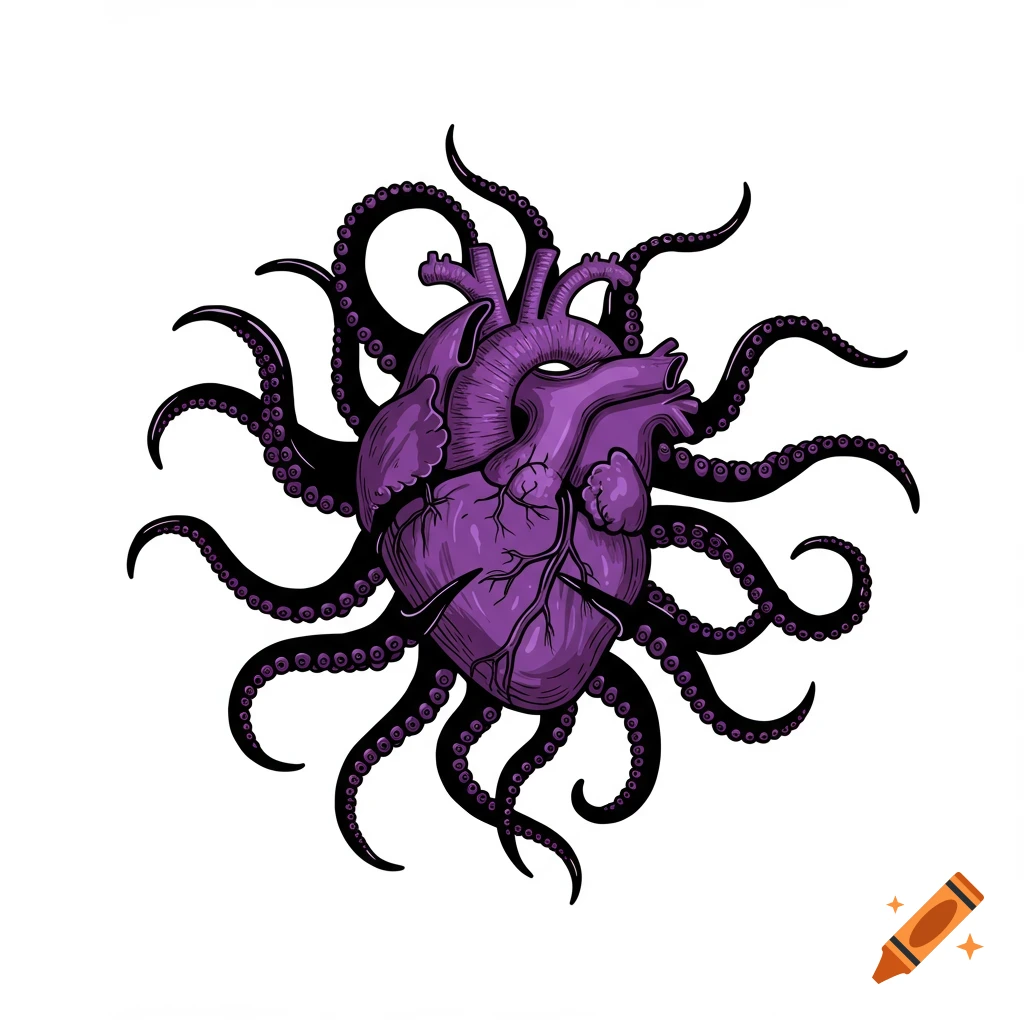 Stylized purple anatomical heart with black octopus tentacles on a white background.