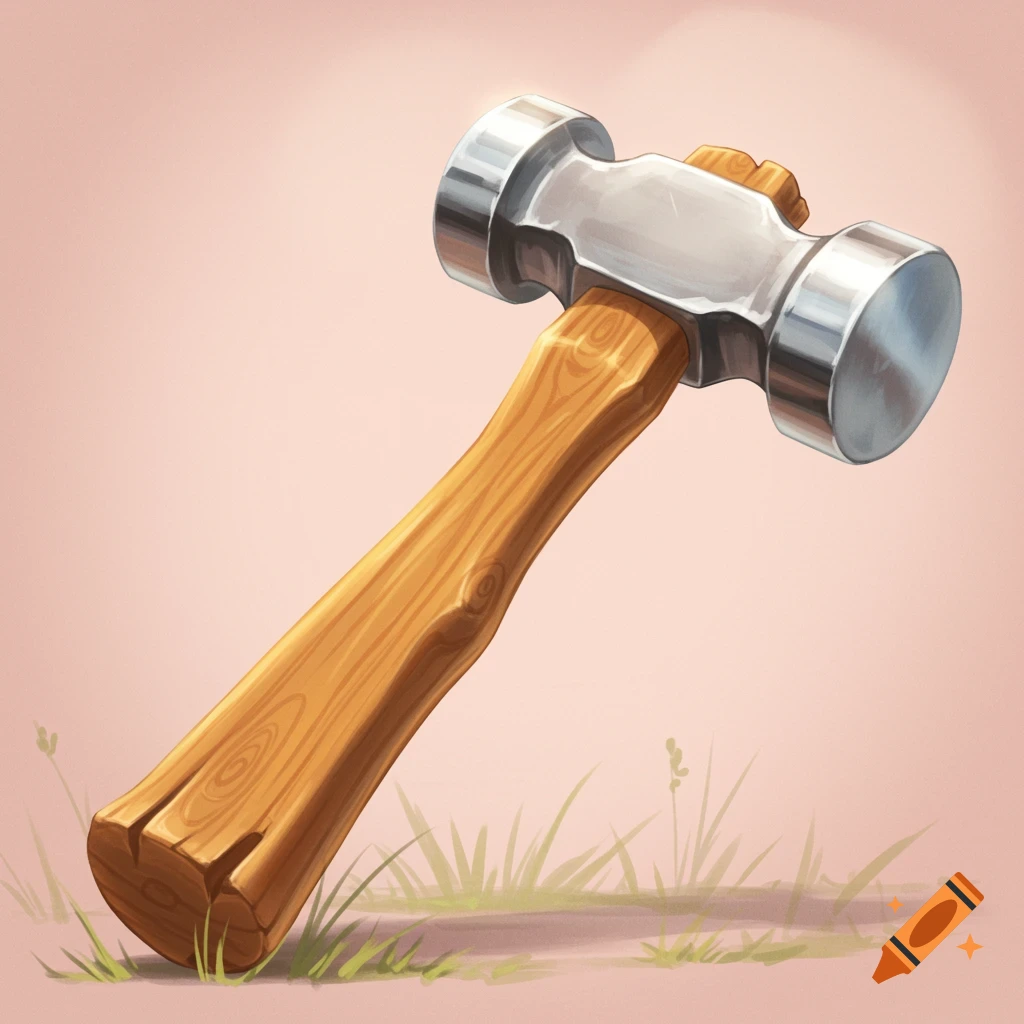 Hammer with a wooden handle and metal head on grass.
