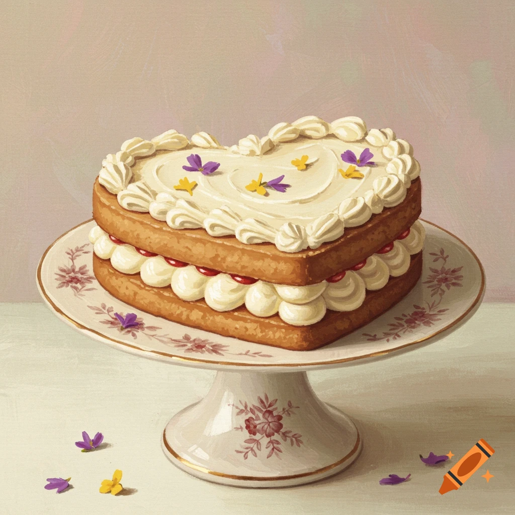 A heart-shaped cake with frosting and small flowers sits on a vintage cake stand.