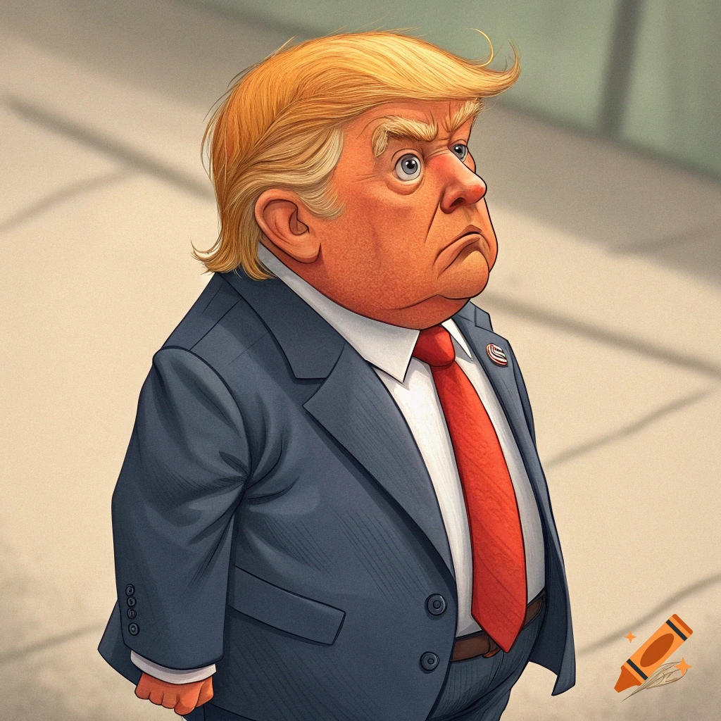 Cartoon caricature of Donald Trump as a dwarf in a suit.