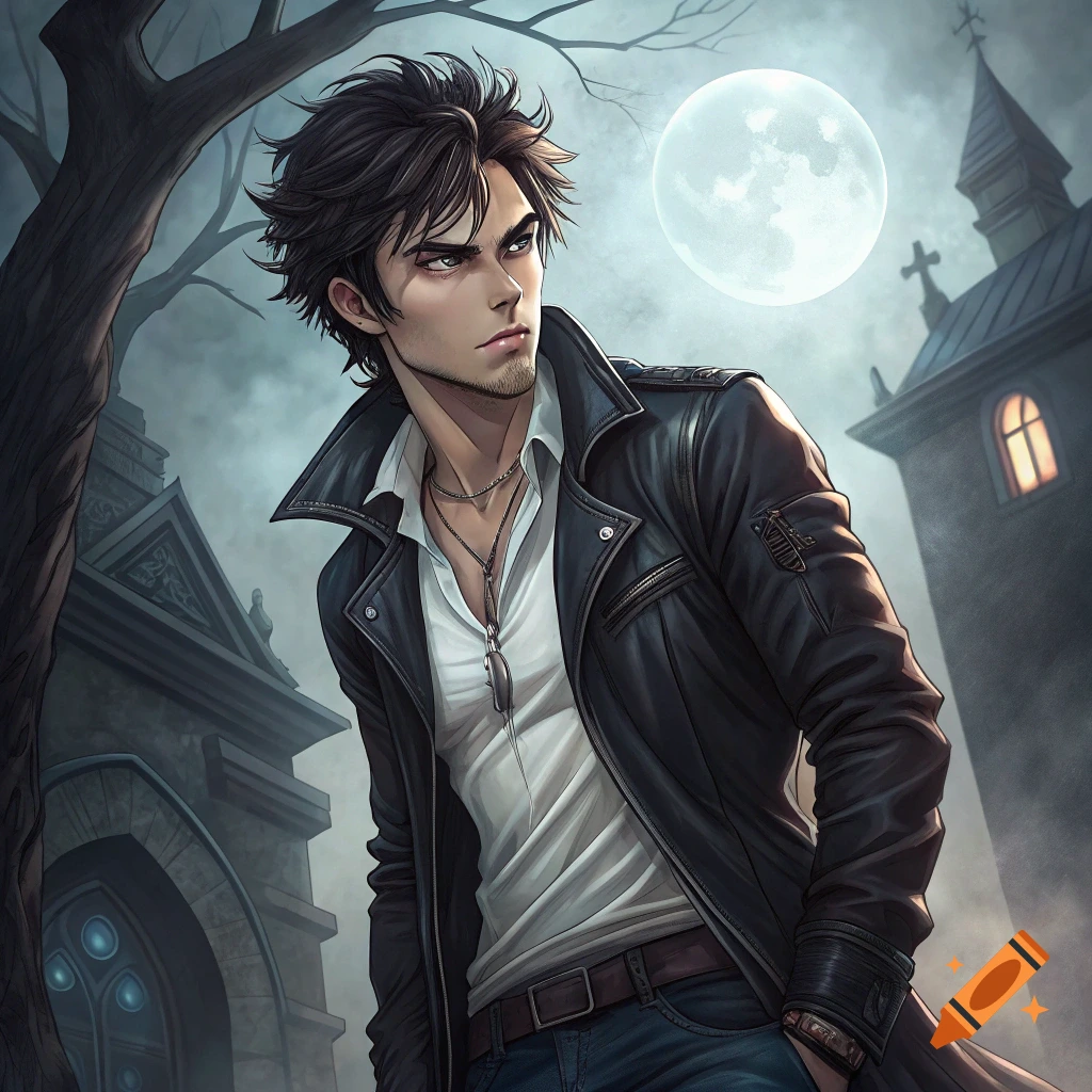 Anime illustration of a dark-haired male character in a leather jacket standing in a gothic setting with a full moon.