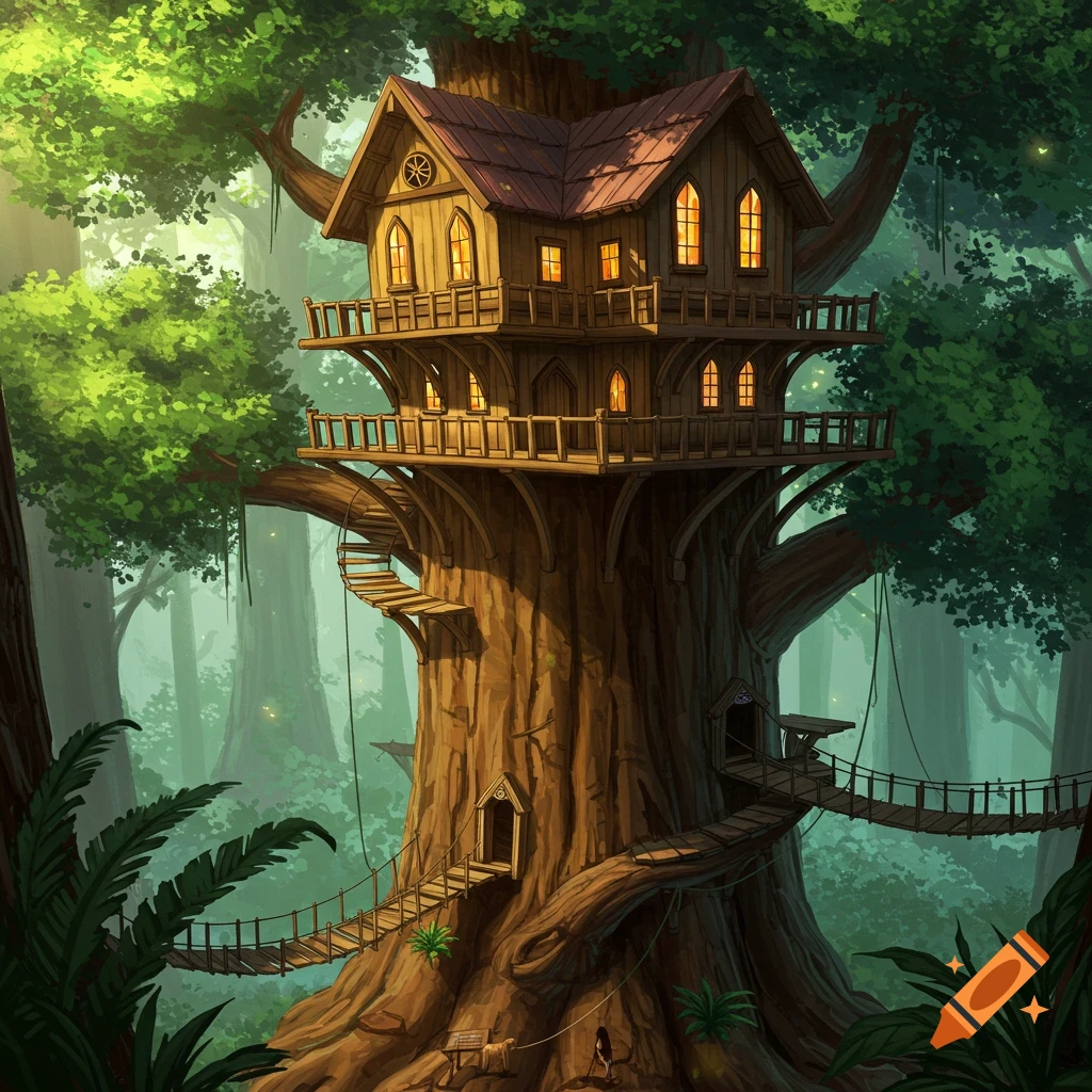 A large, multi-level fantasy treehouse built into a giant tree in a forest.