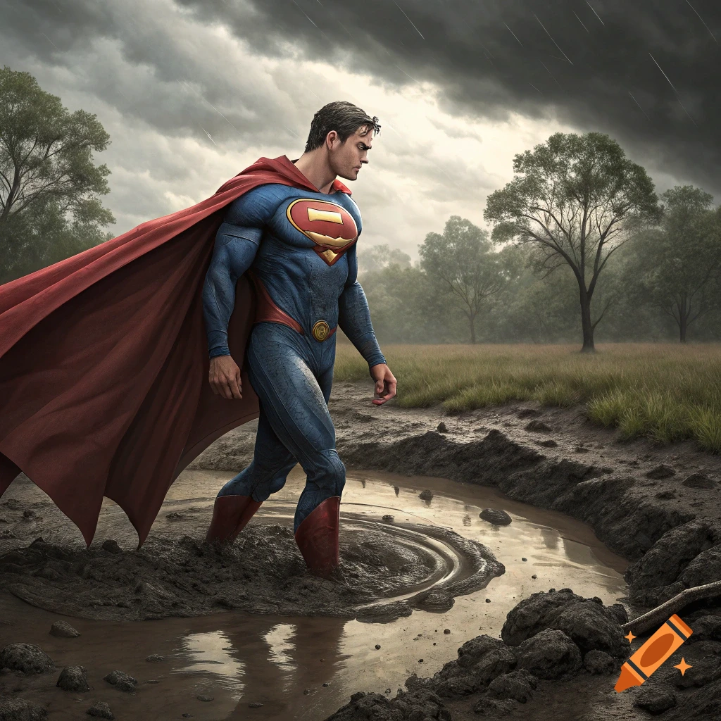 Superman walks through a muddy field in the rain.