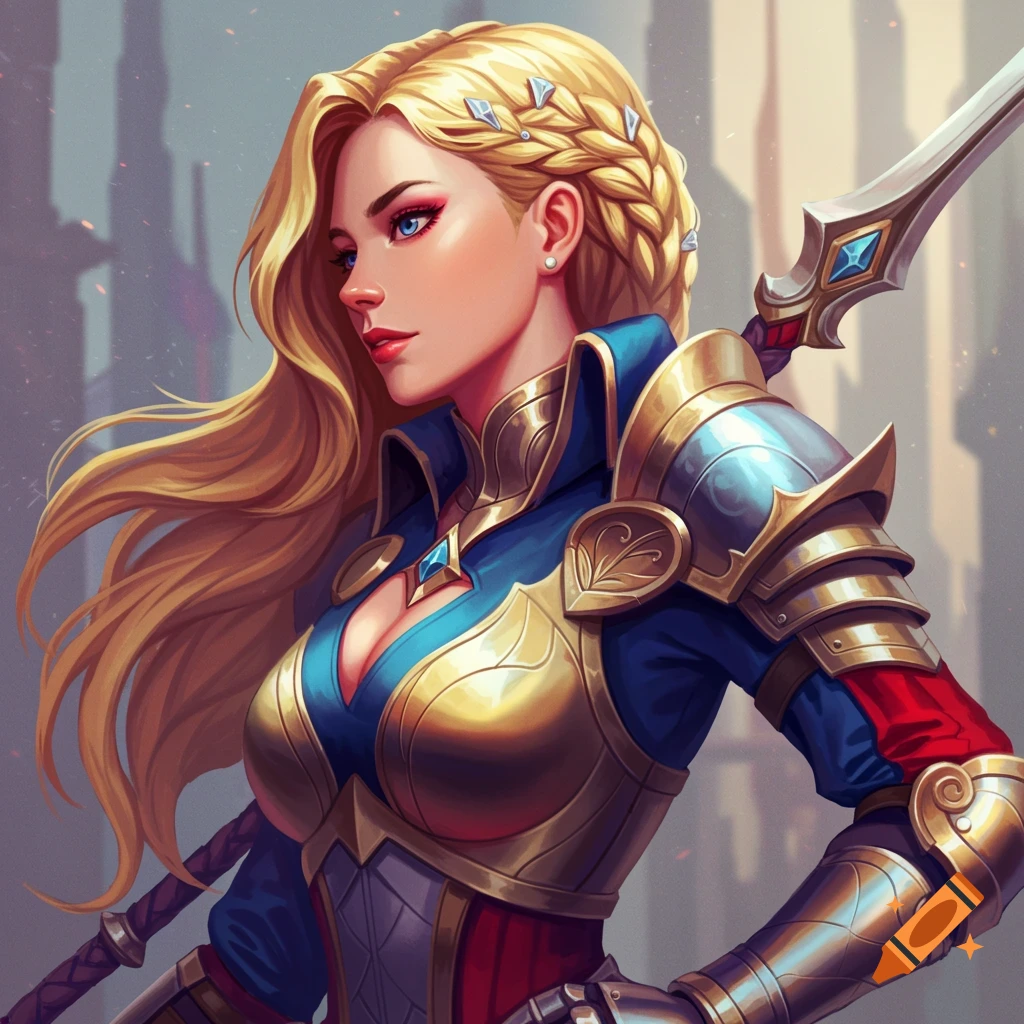 A blonde woman in blue and gold fantasy armor holding a spear.