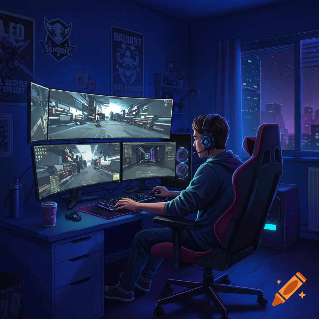A person gaming at a desk with multiple monitors in a dark room.