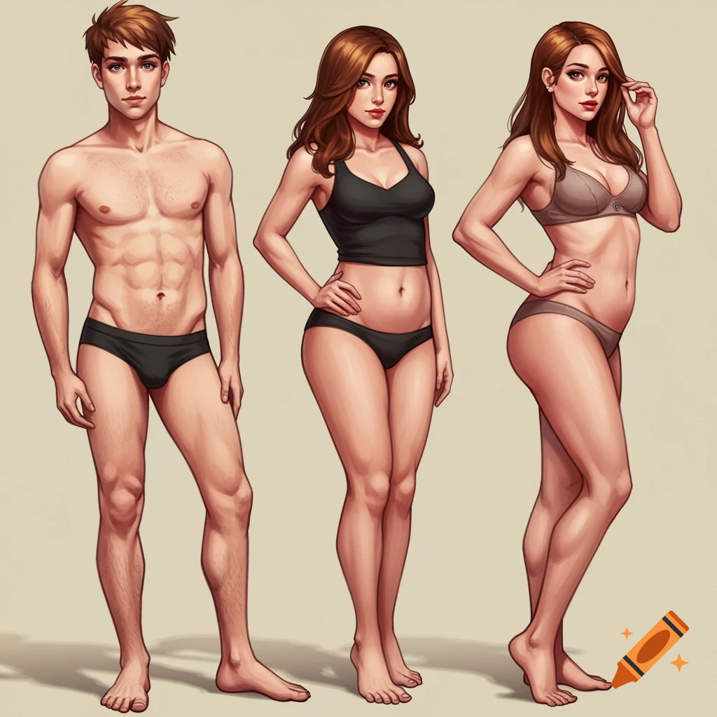 Illustration of three figures, a man and two women, depicting physical changes in progression.