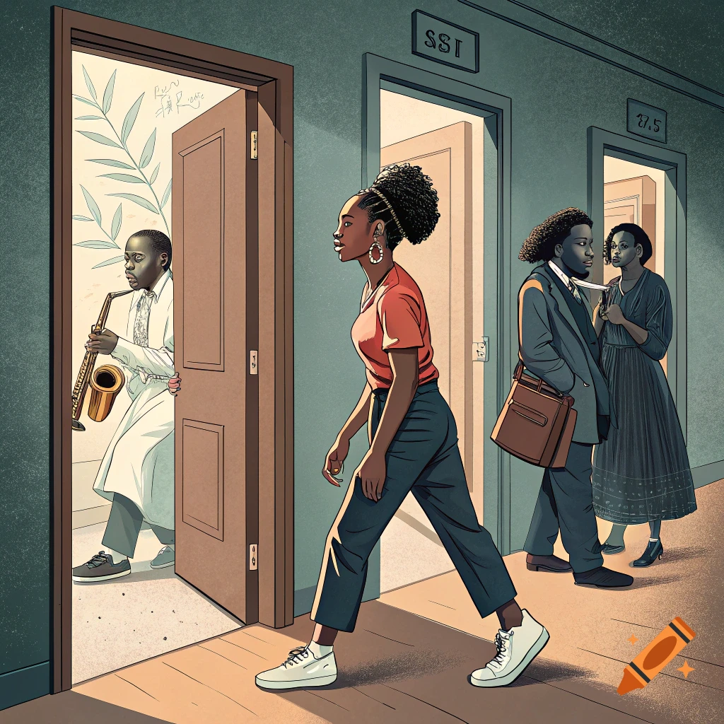 Stylized illustration of people in a hallway with open doorways, one playing a saxophone.