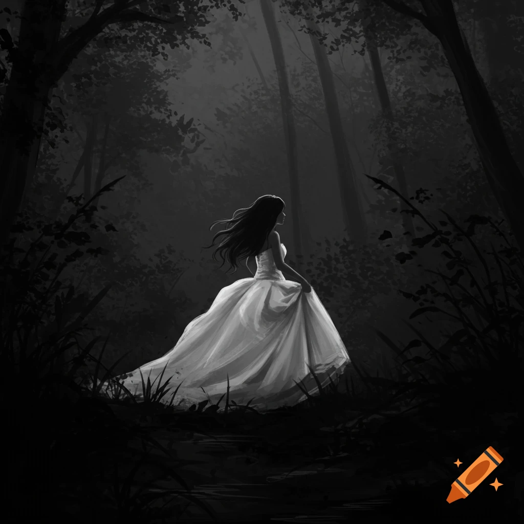 Silhouette of a woman in a flowing white dress walking through a dark forest.