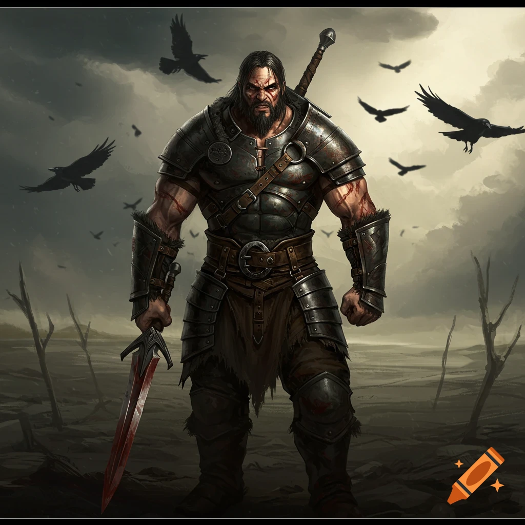 A barbarian warrior holding a sword in a desolate landscape with crows.