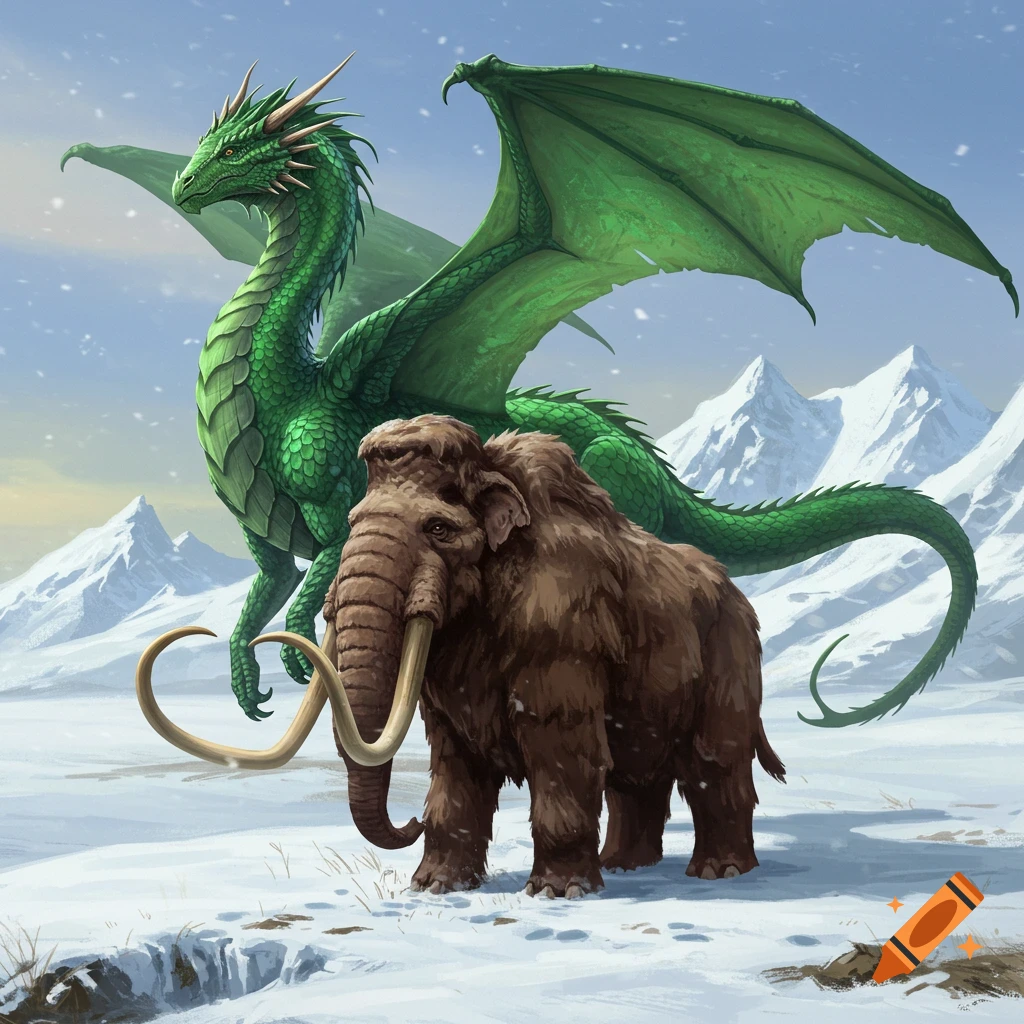 A green dragon stands behind a woolly mammoth in a snowy mountain landscape.