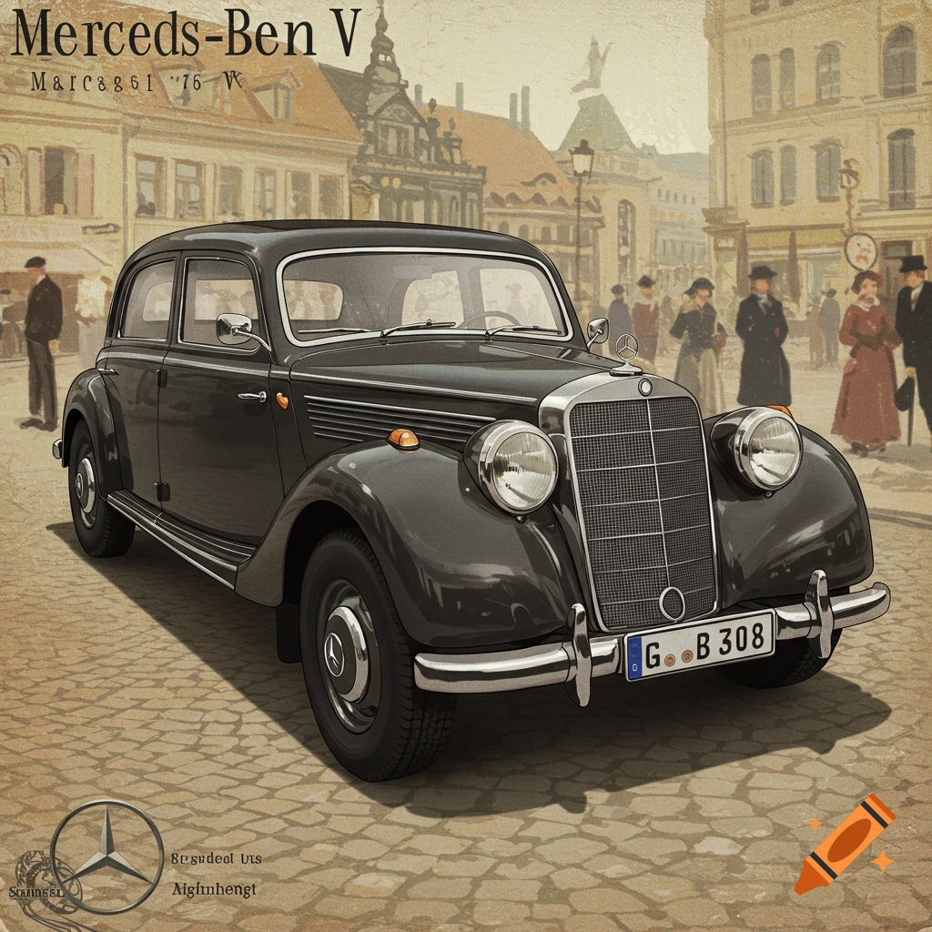 A vintage dark grey Mercedes-Benz car parked on a cobblestone street in a town square with people and buildings in the background.