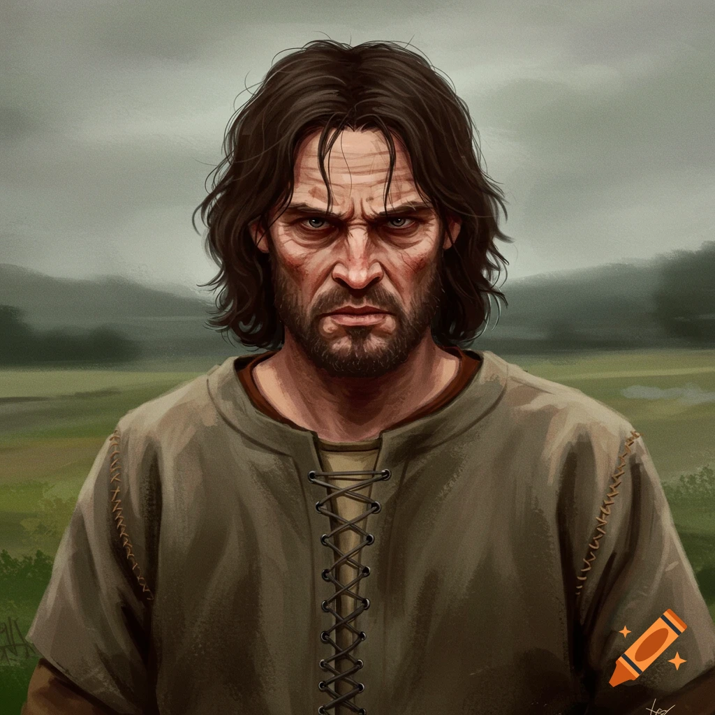 A portrait of a man in historical clothing with a grim expression.