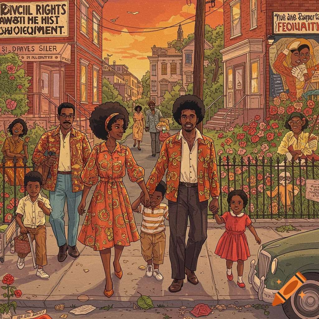 A Black family walks down a street lined with buildings, flowers, and other people in a vibrant vintage style.