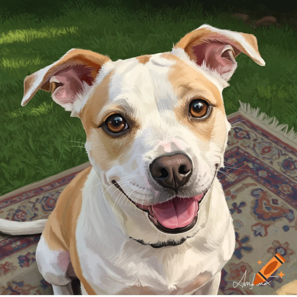 A white and tan Pitbull-Shih Tzu mix sits on a rug outdoors.