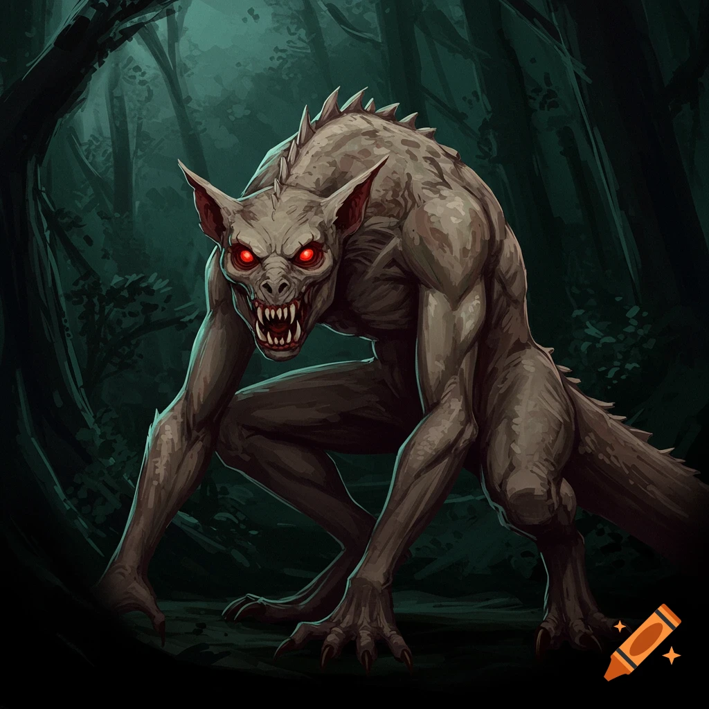 A crouching chupacabra monster with red eyes is in a dark forest.