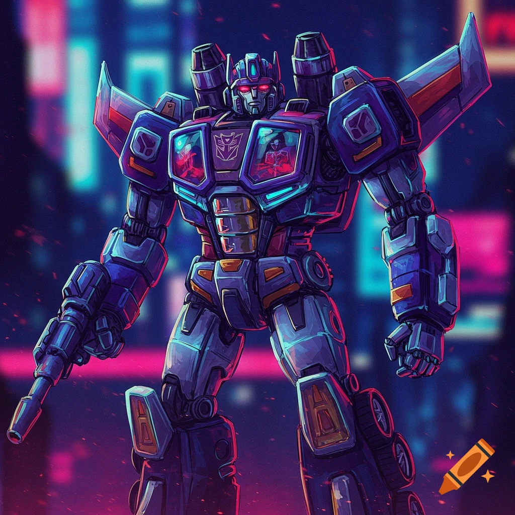 A Transformer robot stands in a neon-lit city street.