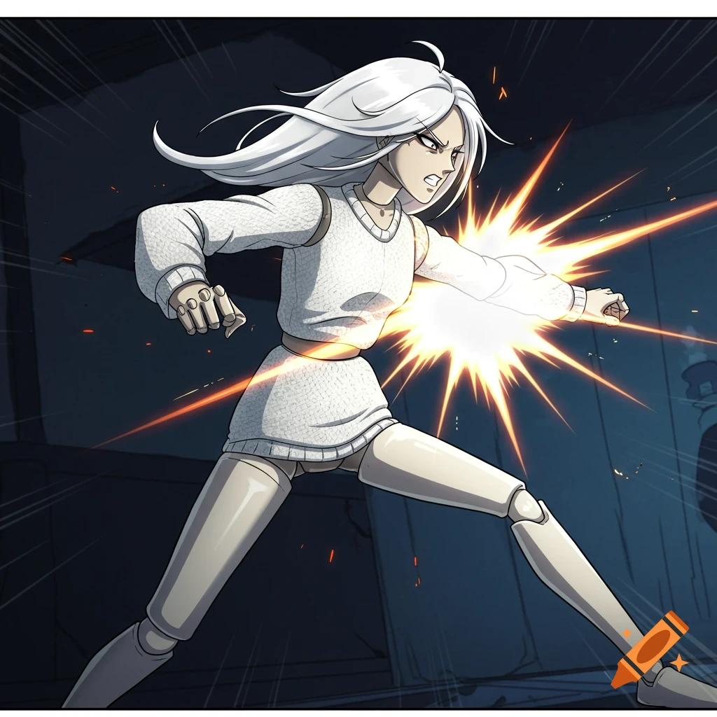 Manga-style image of a mannequin in a white sweater punching with an energy burst.