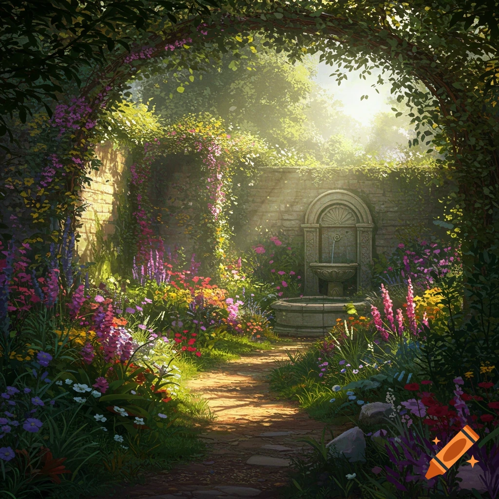 A secret garden path leads to a stone fountain, surrounded by vibrant flowers and lush green vines.