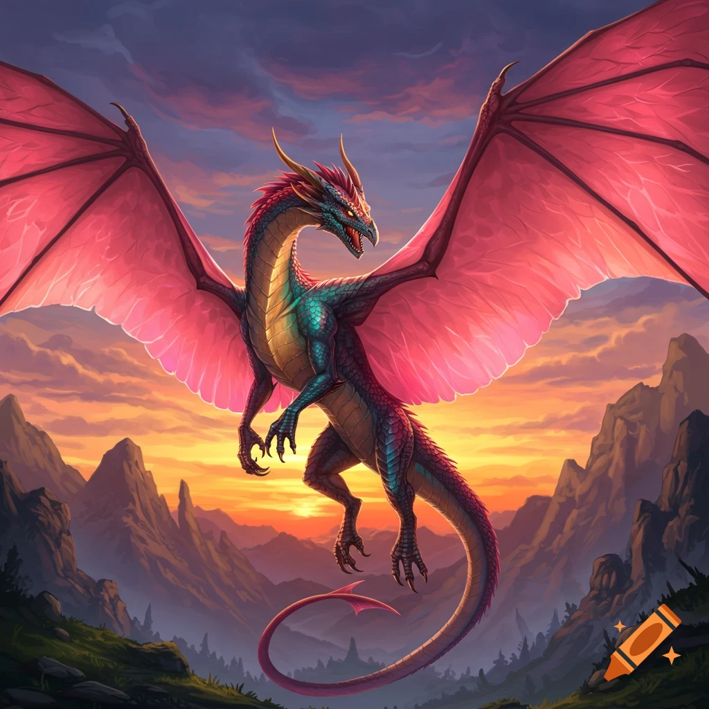 A colorful dragon with pink wings flying over mountains at sunset.